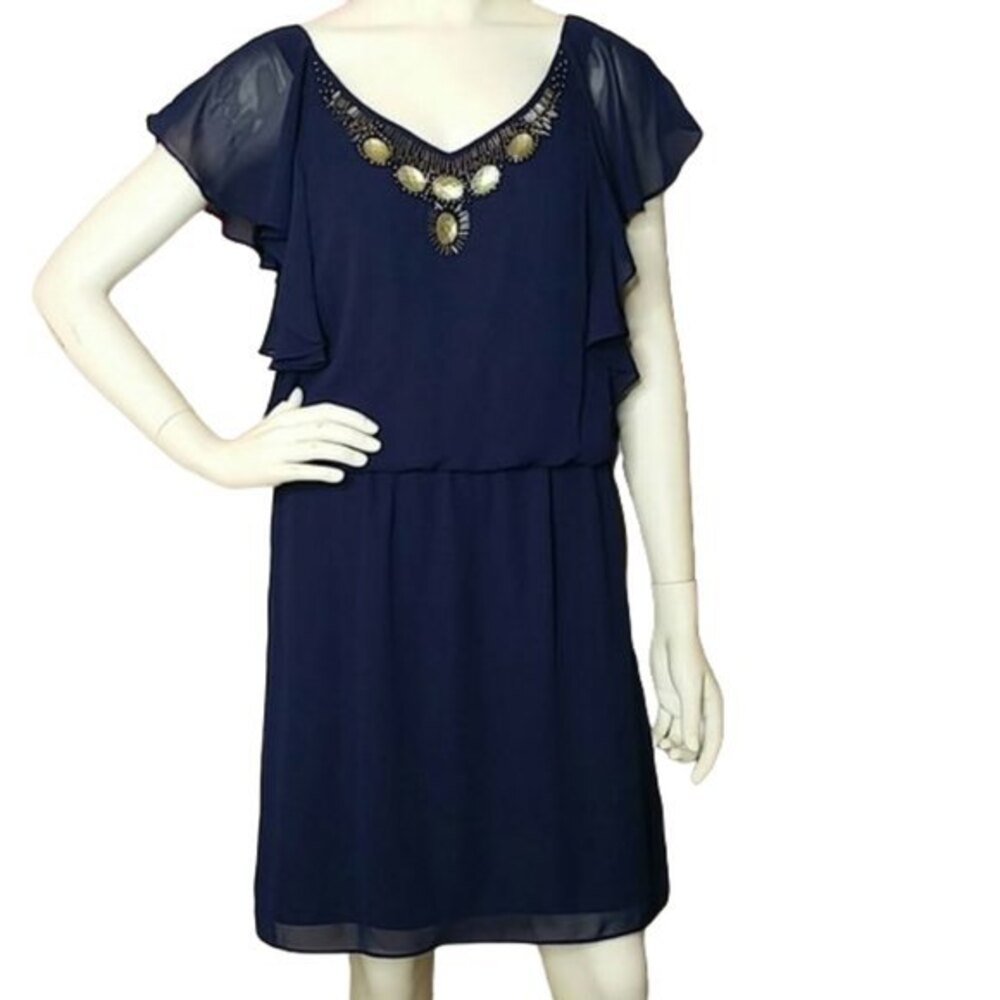 S.L. Fashions Navy Blue Beaded Dress Womens Size 12